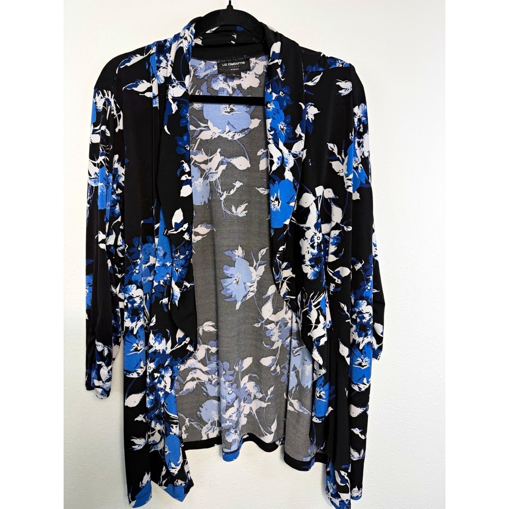 Liz Claiborne Plus Size 1X Black/Blue Floral V-Neck Ruffle Open Cardigan 3/4